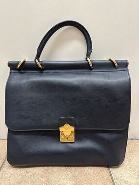 Vintage Hunting World Italy Navy Leather Briefcase Satchel Elephant Logo Gold